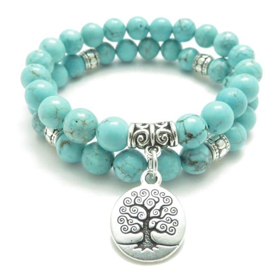 2 Silver & Turquoise Tree Of Life Pendant Charm Double Bracelets beads Pair anklet