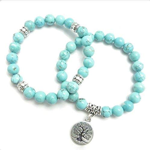 2 Silver & Turquoise Tree Of Life Pendant Charm Double Bracelets beads Pair anklet
